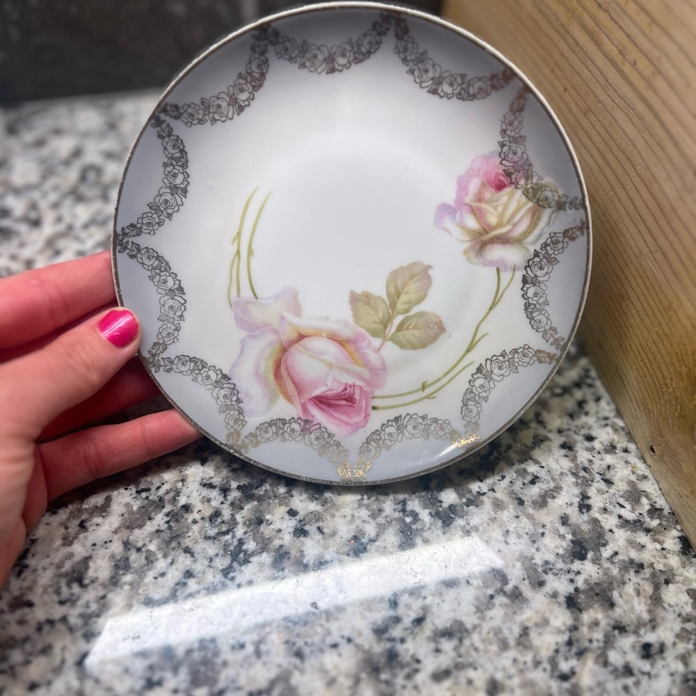 German Handpainted Porcelain Plate with Pink Roses